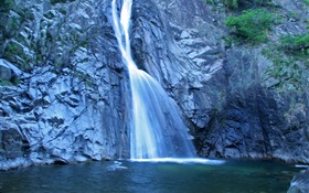 Cachoeira, rochas, lagoa, Hokkaido, Japão