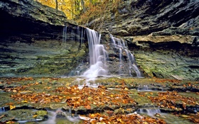 Cachoeiras, rochas, folhas vermelhas, outono