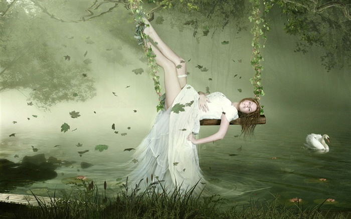 Branco menina fantasia vestido que encontra-se no balanço, cisne, lago, folhas Papéis de Parede, imagem