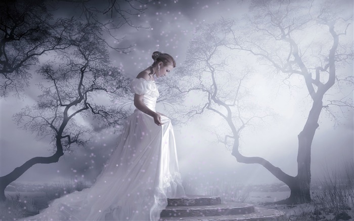 Branca menina do vestido de fantasia, árvores, neve, raios de luz Papéis de Parede, imagem