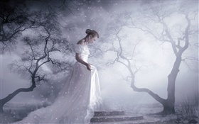 Branca menina do vestido de fantasia, árvores, neve, raios de luz