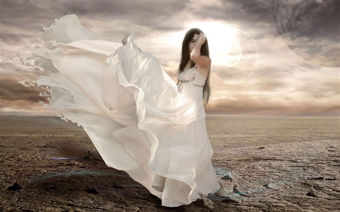 Branco menina fantasia vestido, vento, sol Papéis de Parede, imagem