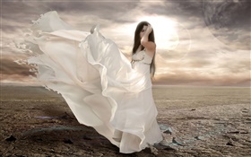 Branco menina fantasia vestido, vento, sol