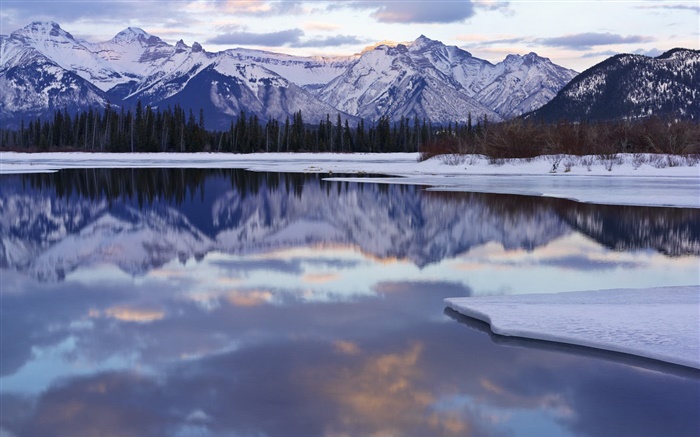 Inverno, neve, montanhas, árvores, lago, reflexão da água Papéis de Parede, imagem