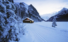 Inverno, neve espessa, casa, crepúsculo HD Papéis de Parede