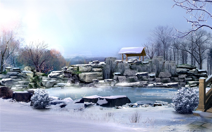 Inverno, neve espessa, pedras, árvores, lagoa, 3D render imagens Papéis de Parede, imagem