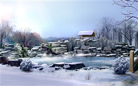 Inverno, neve espessa, pedras, árvores, lagoa, 3D render imagens