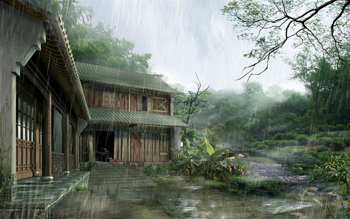 Casa de madeira, chuva forte, árvores, 3D render imagens Papéis de Parede, imagem
