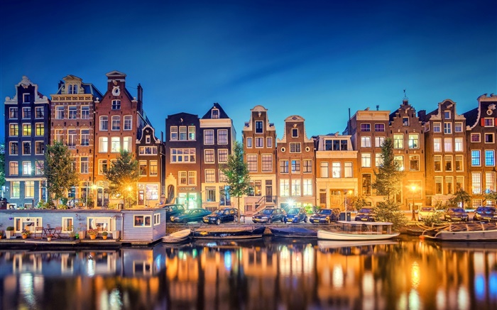 Amsterdam, Nederland, cidade, noite, rio, casas, luzes Papéis de Parede, imagem