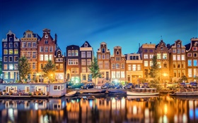Amsterdam, Nederland, cidade, noite, rio, casas, luzes HD Papéis de Parede