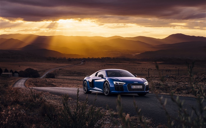 Audi R8 V10 azul carro, por do sol, nuvens Papéis de Parede, imagem
