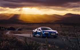 Audi R8 V10 azul carro, por do sol, nuvens