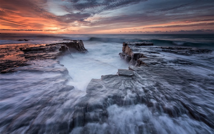 Austrália, Nova Gales do Sul, Royal National Park, costa, mar, rochas, amanhecer Papéis de Parede, imagem