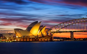 Austrália, Sydney Opera House, ponte, noite, luzes, mar