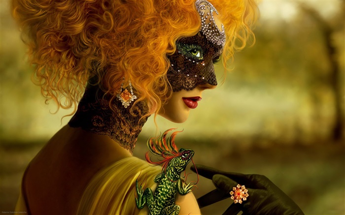 A menina loura bonita, fantasia, máscara, camaleão Papéis de Parede, imagem