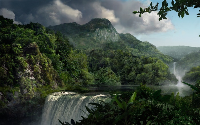 Bela paisagem, cachoeiras, montanhas, plantas Papéis de Parede, imagem