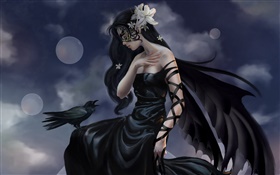 menina vestido preto fantasia, feiticeiro corvo, asas