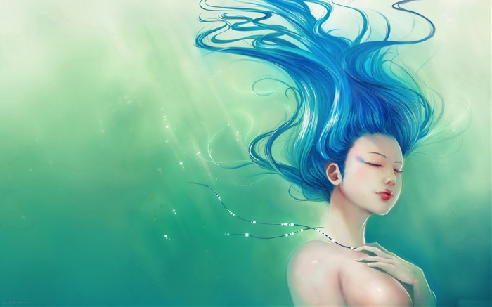 Menina azul fantasia de cabelos, vôo do cabelo Papéis de Parede, imagem