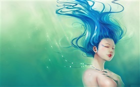Menina azul fantasia de cabelos, vôo do cabelo