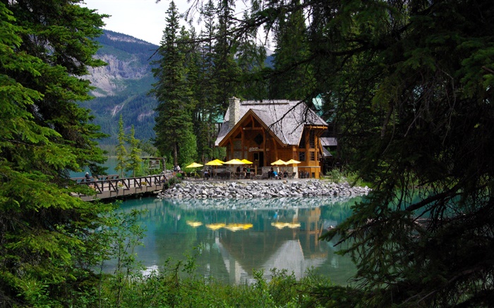 Canadá, lago Esmeralda, Parque Nacional de Yoho, floresta, lago, casa Papéis de Parede, imagem
