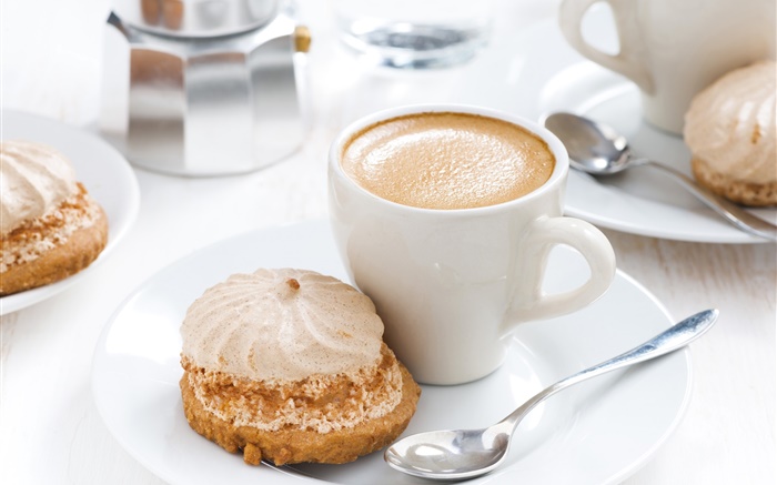 cappuccino, bebida, bolo Papéis de Parede, imagem