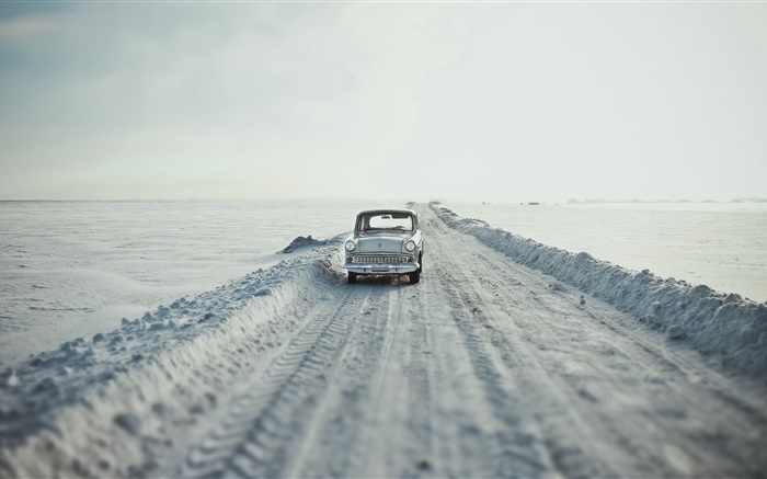 Carro, estrada, neve, estilo retro Papéis de Parede, imagem