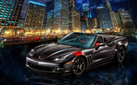 Chevrolet Corvette supercarro, cidade, noite, arranha-céus