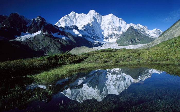 Chomo Lonzo, montanhas, grama, lagoa, geleiras, Tibet Papéis de Parede, imagem