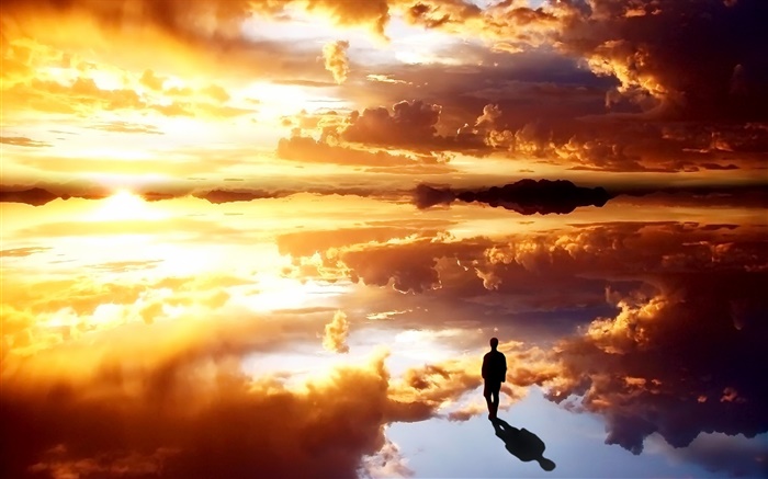Nuvens, pôr do sol, pessoa, reflexão Papéis de Parede, imagem