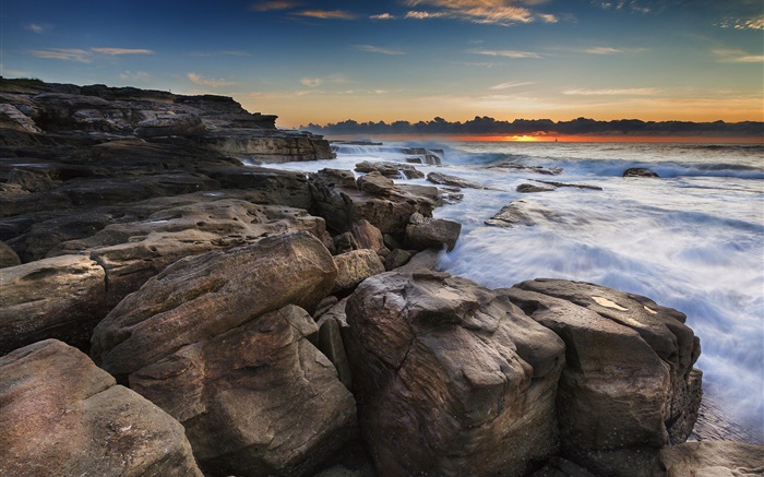 Costa, oceano, rochas, nascer do sol, praia Papéis de Parede, imagem