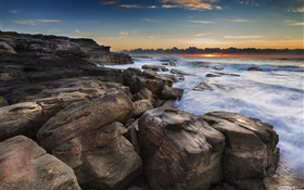 Costa, oceano, rochas, nascer do sol, praia HD Papéis de Parede