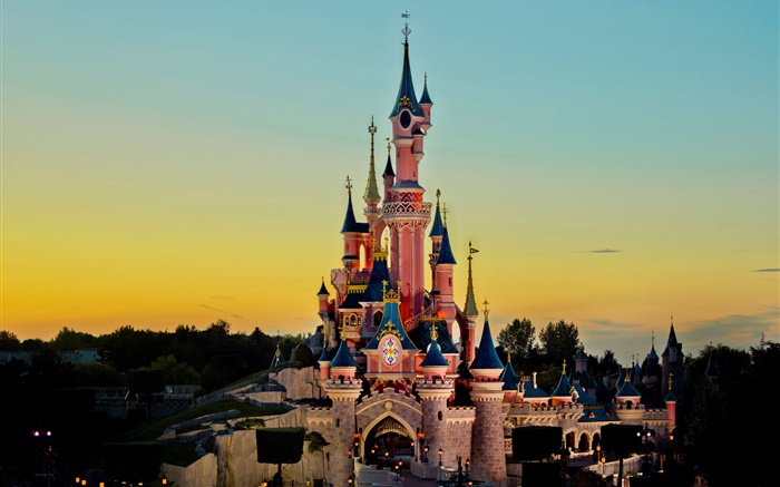 Disneyland, castelo, pôr do sol, crepúsculo Papéis de Parede, imagem