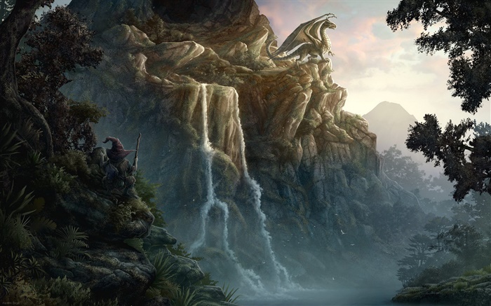 Dragão, penhasco, cachoeira, design criativo Papéis de Parede, imagem