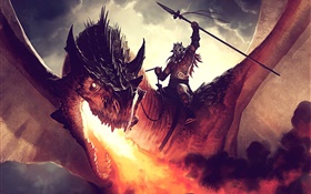 cavaleiro do dragão, fogo, pintura da arte