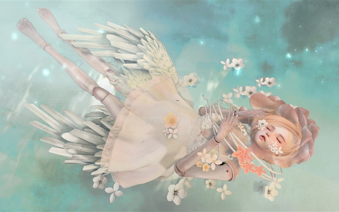 Fantasia anjo da menina, loira, sono, flores Papéis de Parede, imagem