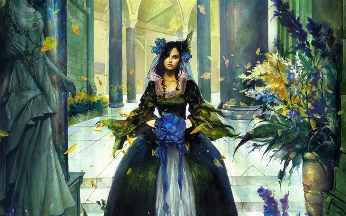 Menina da fantasia no salão, flor azul na mão Papéis de Parede, imagem