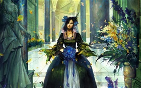 Menina da fantasia no salão, flor azul na mão