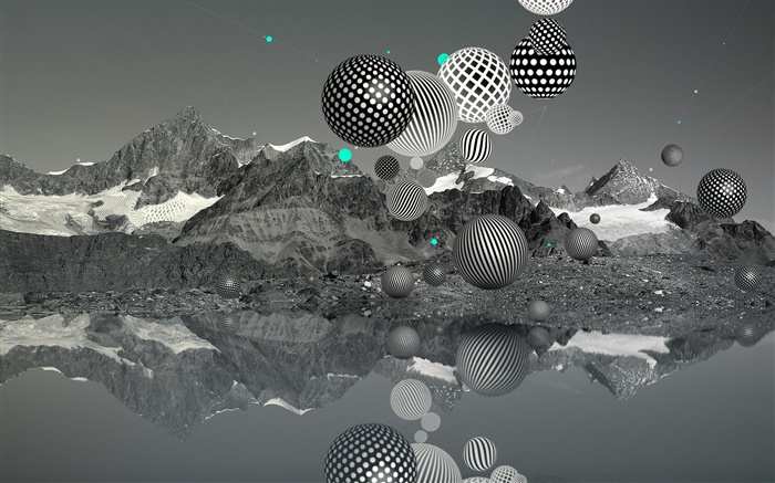 bolas aéreas, montanhas, lago, preto e branco, imagens criativas Papéis de Parede, imagem