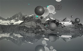 bolas aéreas, montanhas, lago, preto e branco, imagens criativas