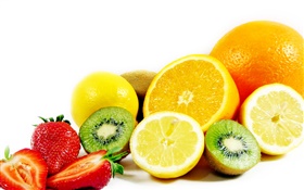 Frutas close-up, laranja, limão, kiwi, morangos HD Papéis de Parede