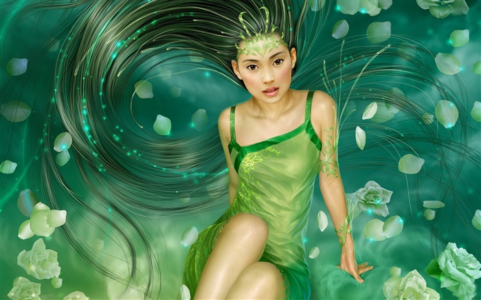 menina fantasia vestido verde, cabelos longos Papéis de Parede, imagem