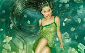 menina fantasia vestido verde, cabelos longos HD Papéis de Parede