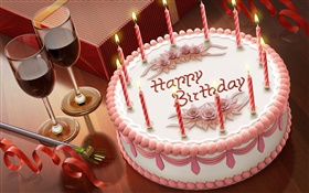 Feliz aniversário, bolo, velas, vinho, presente HD Papéis de Parede
