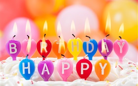 Feliz aniversário, velas coloridas, fogo, bolo HD Papéis de Parede