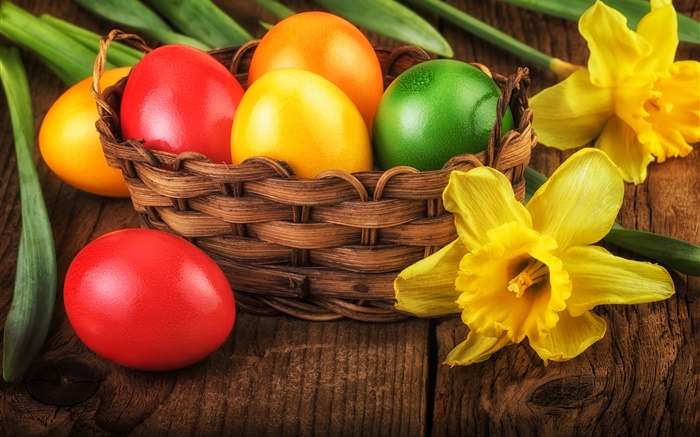 Páscoa, ovos coloridos, decoração, narcisos amarelos felizes Papéis de Parede, imagem