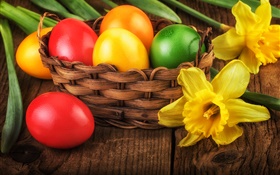 Páscoa, ovos coloridos, decoração, narcisos amarelos felizes HD Papéis de Parede