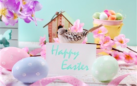 Happy Easter, flores, ovos, decoração, primavera HD Papéis de Parede