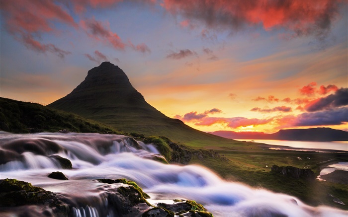 Islândia, Kirkjufell, montanha, cachoeira, manhã, nascer do sol Papéis de Parede, imagem