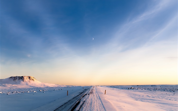 Islândia, inverno, neve, estrada, de manhã, céu Papéis de Parede, imagem