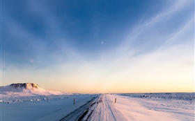 Islândia, inverno, neve, estrada, de manhã, céu